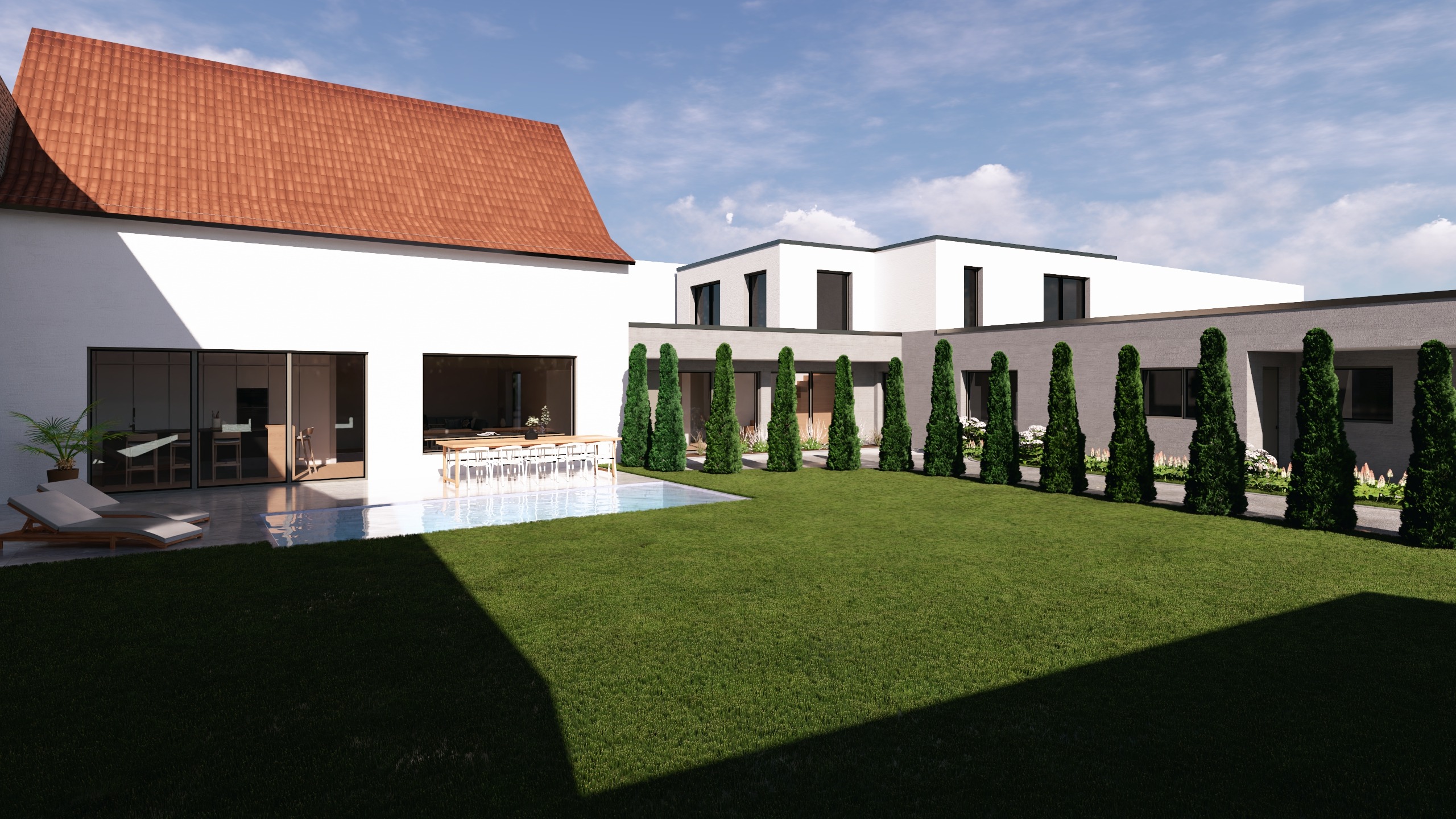 GERBERHAUS18 – Innenhof mit Rasenfläche, Pool, moderner Wohnbebauung und Sichtschutzbepflanzung