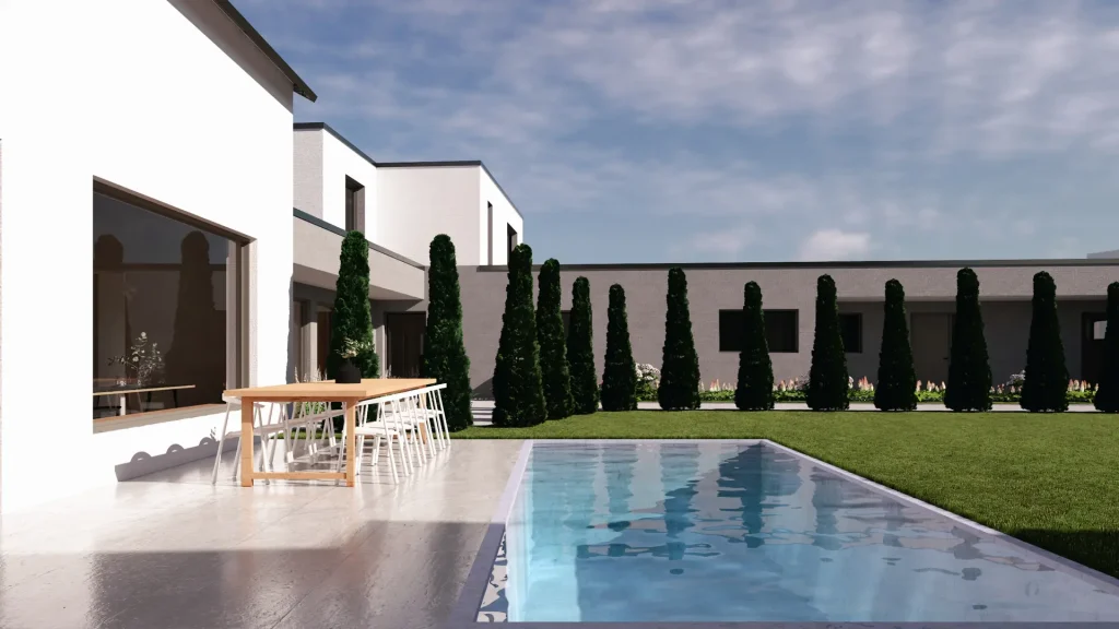 GERBERHAUS18 – Moderne Terrasse mit Esstisch, Pool und Sicht auf klare Baukörper und Garten