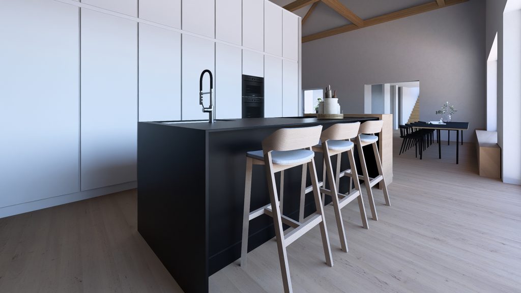 GERBERHAUS18 – Moderne Küche mit schwarzer Kochinsel, Barhockern und integriertem Essbereich