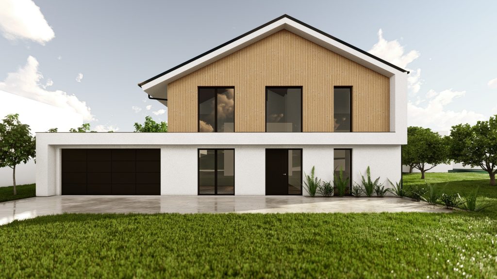 GERBERHAUS17 – 3D-Visualisierung eines modernen Einfamilienhauses mit Satteldach, Holzfassade im Obergeschoss, weißer Putzfassade und integrierter Doppelgarage