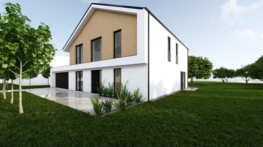 GERBERHAUS17 – 3D-Visualisierung eines modernen Einfamilienhauses mit Satteldach, Holzfassade und klarer Architektur im Grünen