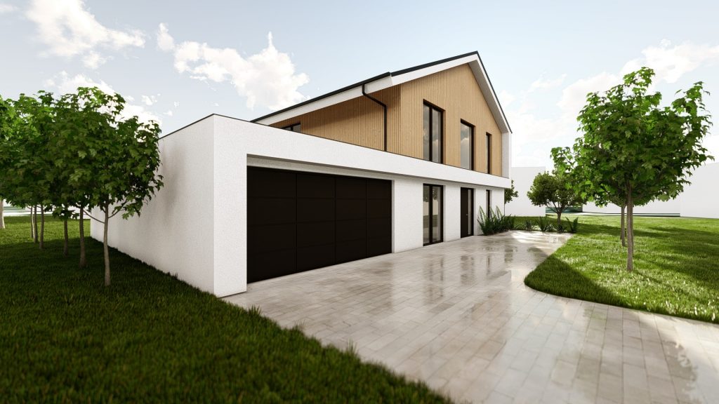 GERBERHAUS17 – 3D-Visualisierung eines modernen Einfamilienhauses mit Holzfassade, Satteldach, integrierter Doppelgarage und gepflasterter Einfahrt in leichter Perspektive