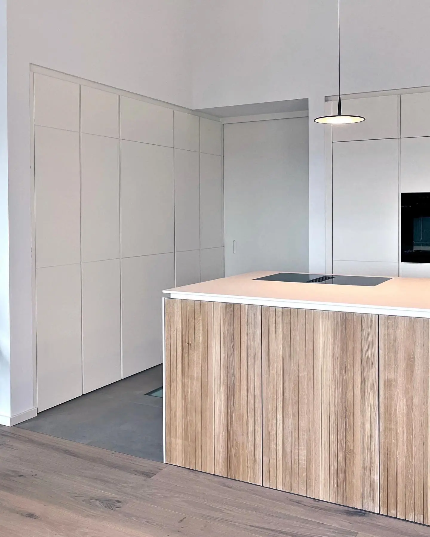 Moderne Küche mit Einbauschrank und einer versteckten Tür, die zum Hauswirtschaftsraum führt.