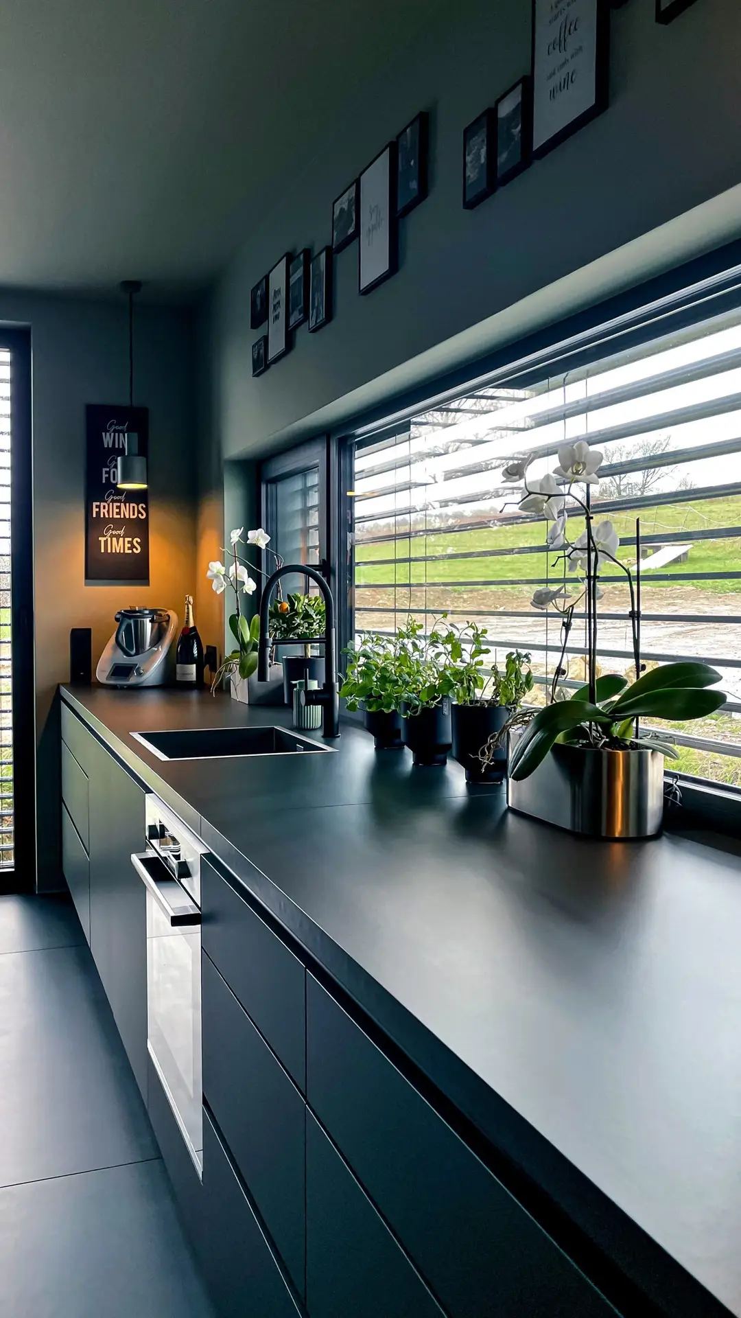 Dunkle Wet-Kitchen mit viel Stauraum