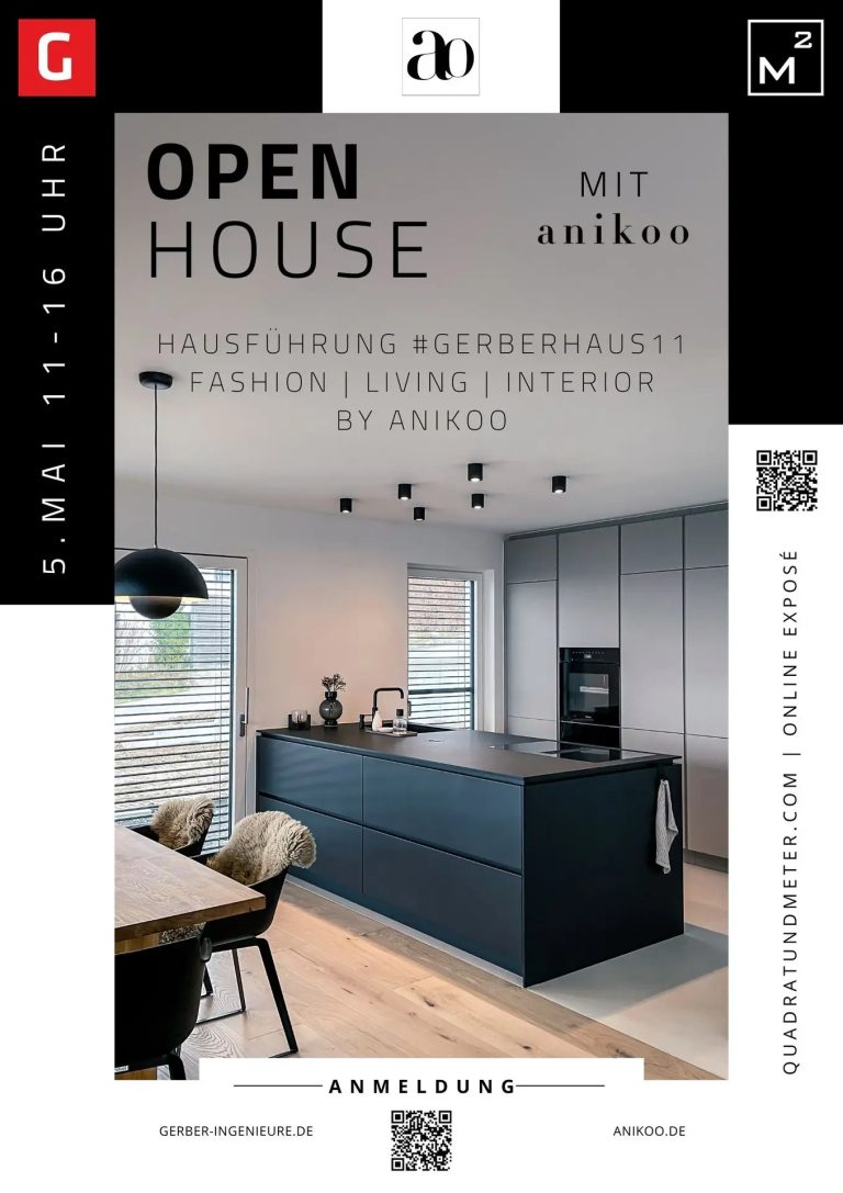 Plakat zum Open House im GERBERHAUS11 mit anikoo und Quadrat und Meter